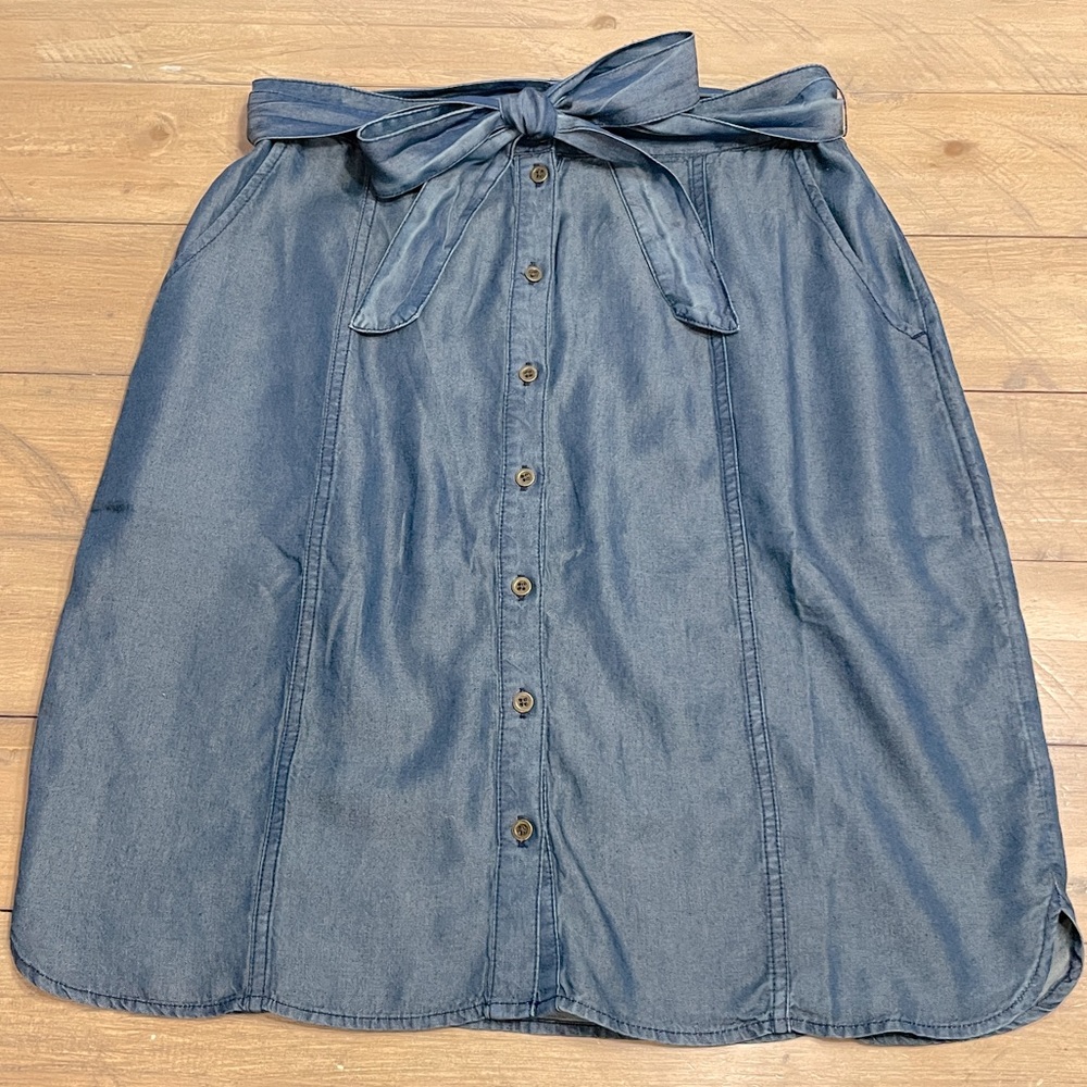 Denim ultra soft smooth tie at waist midi skirt